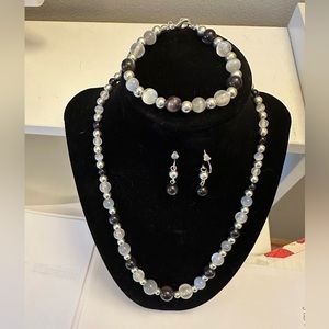 Three-pice set - Silver & Black Beaded Necklace, Bracelet, & Drop Earrings